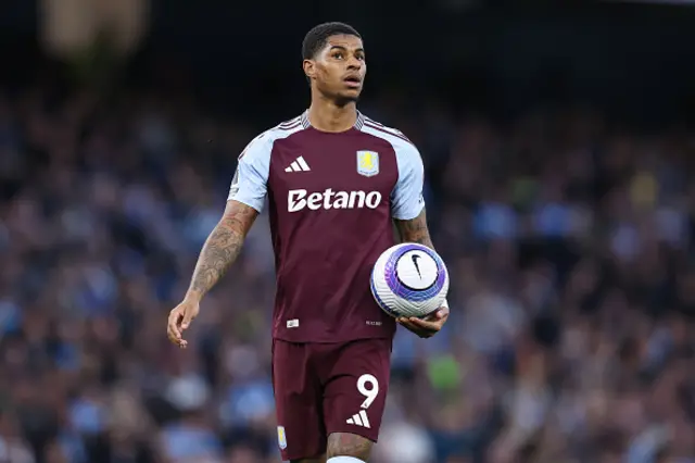 Marcus Rashford of Aston Villa holds the ball