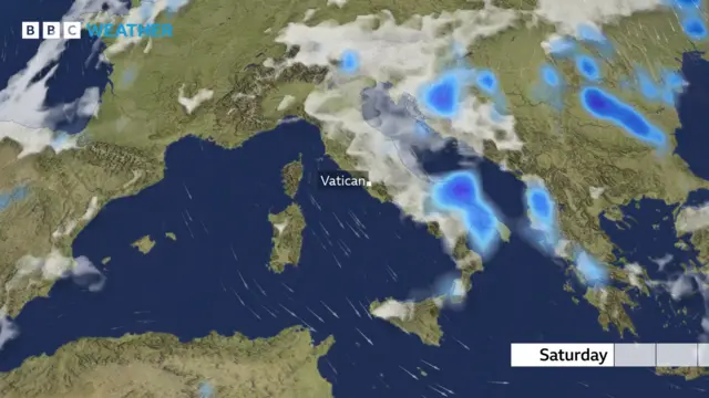 Weather map showing rain avoiding Italy on Saturday