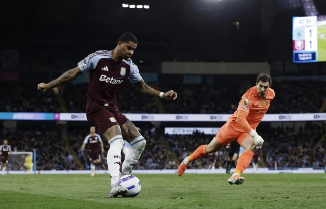 Aston Villa's Marcus Rashford misses a chance
