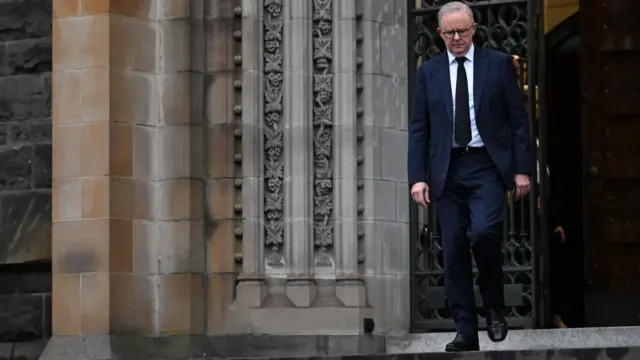 Anthony Albanese leaves early mass in Melbourne on Tuesday morning following the death of Pope Francis.