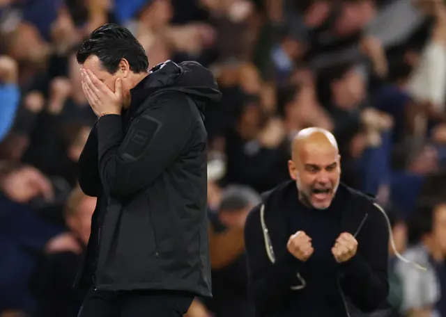 Unai Emery, Manager of Aston Villa, looks dejected as Pep Guardiola