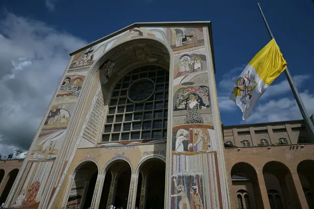 A Vatican flag flies at half-mast outside the Santuário de Nossa Senhora de Aparecida, in São Paulo state, Brazil.
