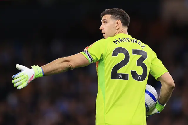 Aston Villa goalkeeper Emiliano Martinez gestures