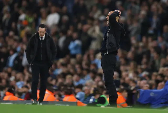 Pep Guardiola, Manager of Manchester City, reacts alongside Unai... News Photo - Getty Images