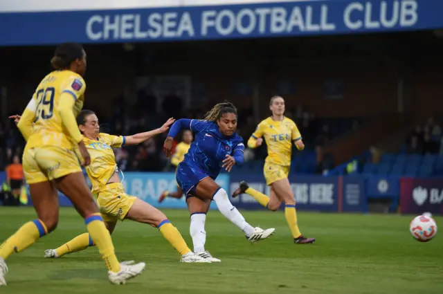 Catarina Macario of Chelsea scores her team's second goal during the Barclays Women's Super League match between Chelsea FC Women and Crystal Palace at Kingsmeadow