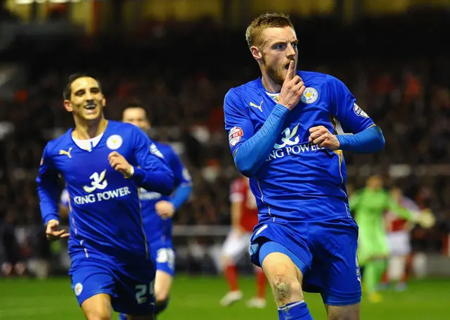 Vardy celebrates as he helps Leicester achieve promotion to the Premier League in 2014