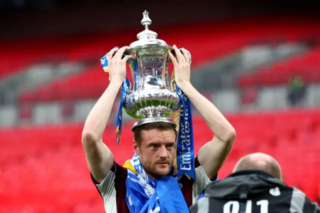 Vardy lifting the FA Cup in 2021