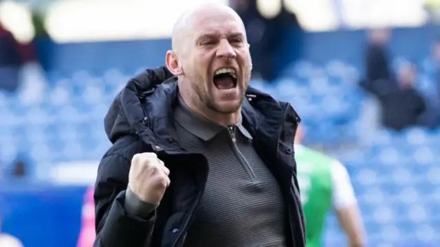 David Gray celebrates Hibs' recent win at Ibrox