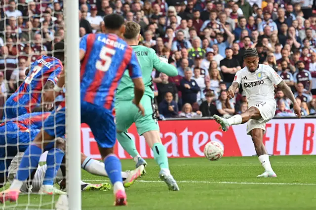 Leon Bailey (R) has this shot blocked