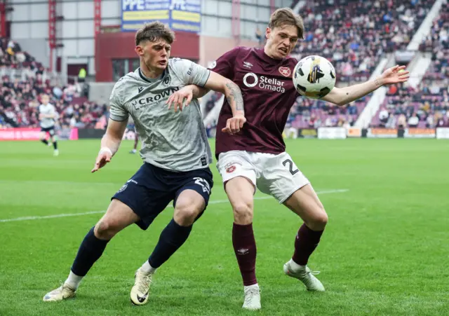 Dundee's Seb Palmer-Houlden and Hearts' James Penrice in action