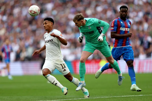 Dean Henderson of Crystal Palace clears the ball under pressure from Ollie Watkins