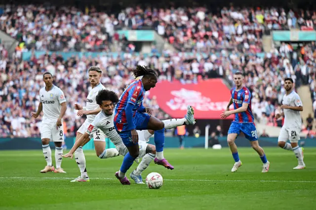 Eberechi Eze of Crystal Palace is fouled by Boubacar Kamara of Aston Villa resulting in a penalty kick