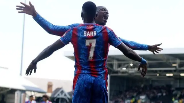 Ismaila Sarr of Crystal Palace celebrates after scoring a goal with his teammate Jean-Philippe Mateta