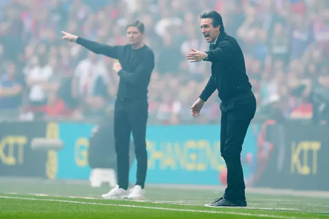 Unai Emery, Manager of Aston Villa, and Oliver Glasner gesture on the touchline
