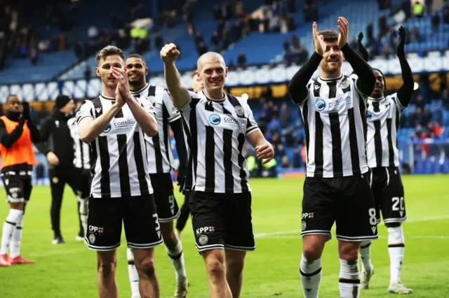 St Mirren players celebrate at Ibrox in February