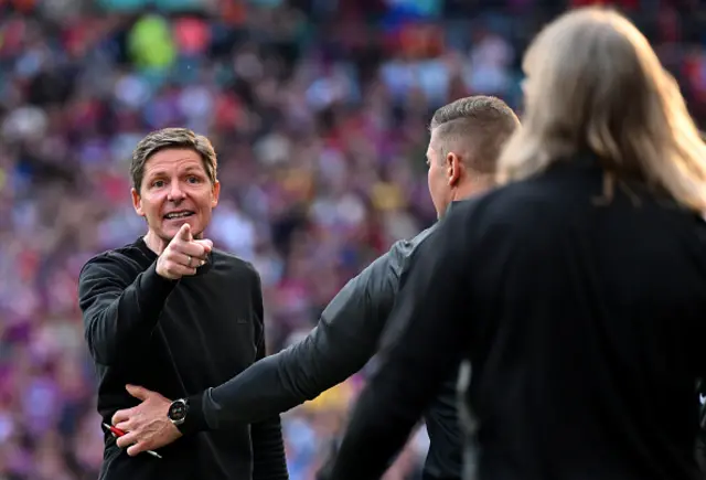Oliver Glasner, Manager of Crystal Palace, clashes with members of the Aston Villa backroom staff
