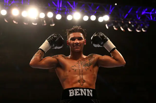 Conor Benn holds his gloves up after beating Ivailo Boyanov on his professional debut