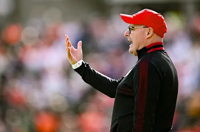 Tyrone boss Malachy O'Rourke shouts out instructions to his players at Clones
