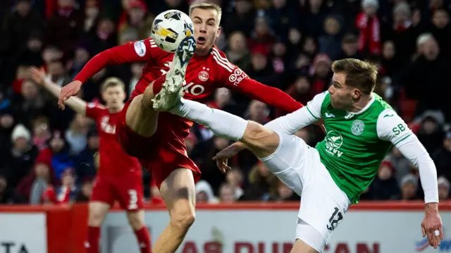 Aberdeen's Topi Keskinen and Hibernian's Chris Cadden