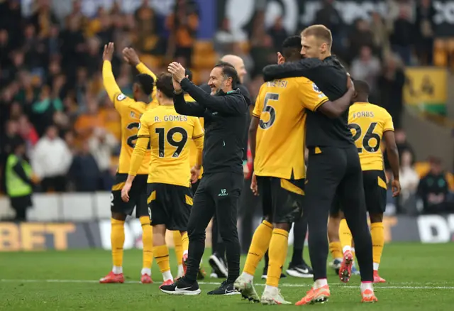 Pereira and his players thank the fans at Molineux