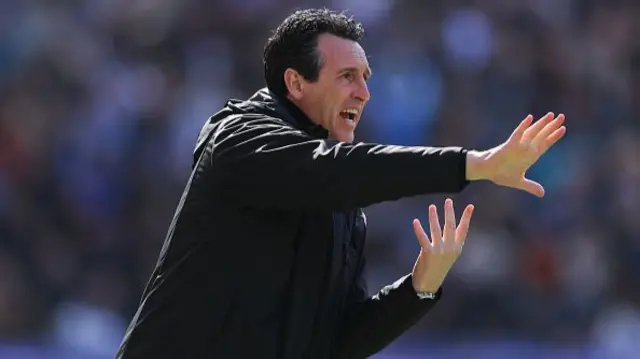 Unai Emery, manager of Aston Villa, issues instructions