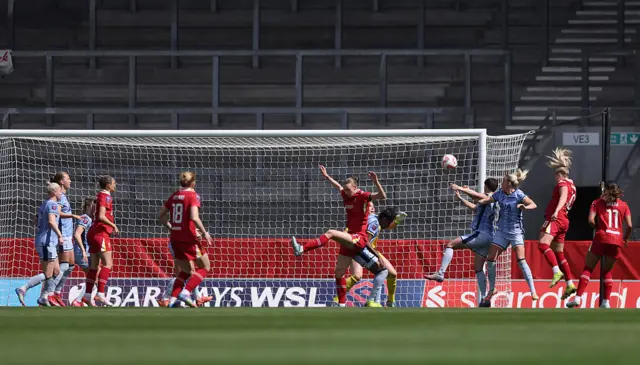 Sophie Roman Haug of Liverpool scores her team's second goal past Lize Kop of Totenham Hotspur during the Barclays Women's Super League match between Liverpool FC and Tottenham Hotspur FC at the Totally Wicked Stadium on April 27, 2025 in Liverpool, England. (