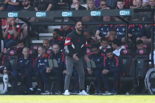 Ruben Amorim, Manager of Manchester United, reacts