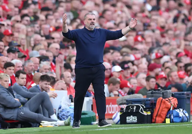 Ange Postecoglou, Manager of Tottenham Hotspur, reacts