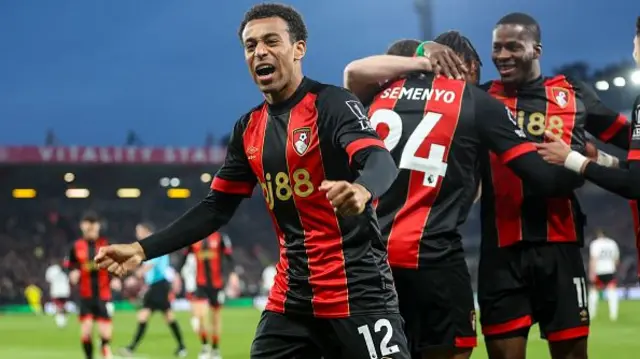 Tyler Adams of Bournemouth celebrates after team-mate Antoine Semenyo