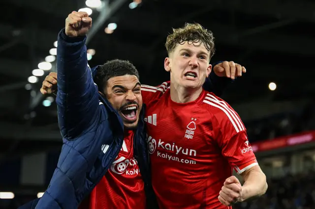 Morgan Gibbs-White and Ryan Yates celebrate after beating Brighton in the quarter-finals of the FA Cup