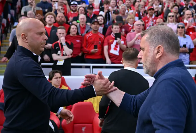 Arne Slot, Manger of Liverpool, shakes hands with Ange Postecoglou