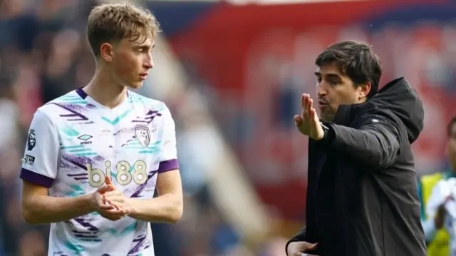 AFC Bournemouth manager Andoni Iraola and AFC Bournemouth's Dean Huijsen after the match