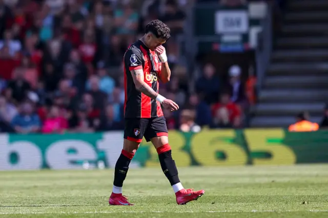 Evanilson of Bournemouth is sent off for serious foul play