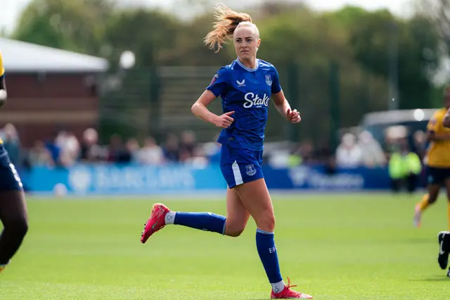 Sara Holmgaard of Everton in action during the Barclays Women's Super League match between Everton FC v Brighton & Hove Albion FC on April 27, 2025 in Liverpool, England. (