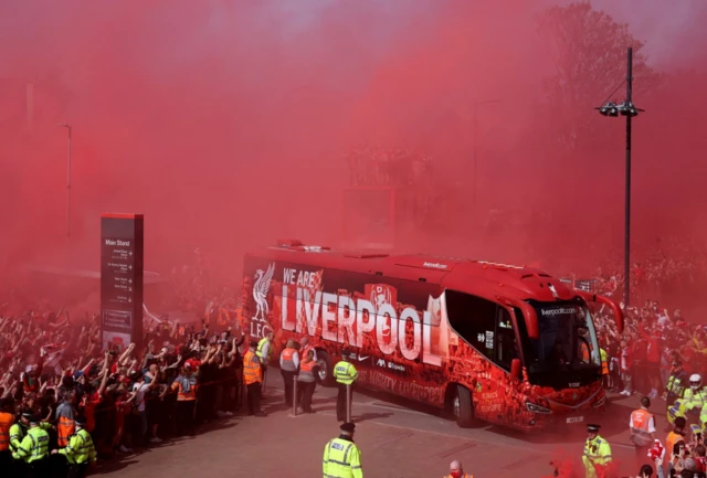 Liverpool team bus arrives outside the stadium