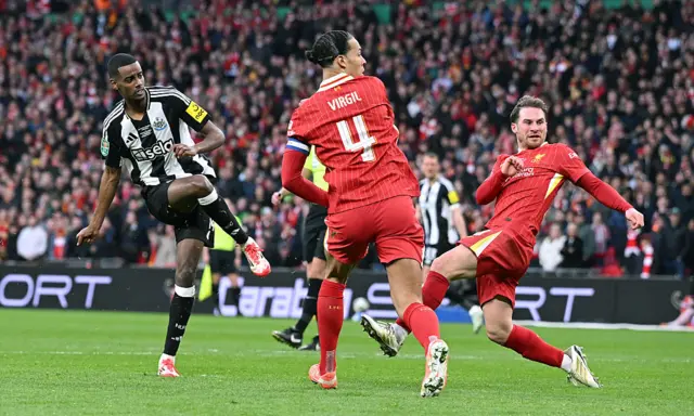 Alexander Isak scores against Liverpool at Wembley