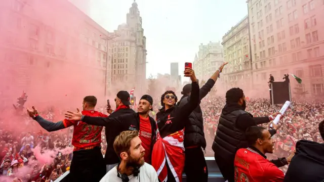 Liverpool players celebrating the win.