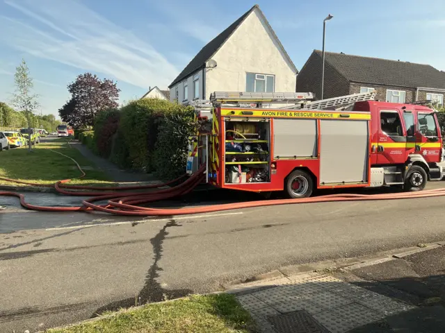 A fire engine parked on a residential street