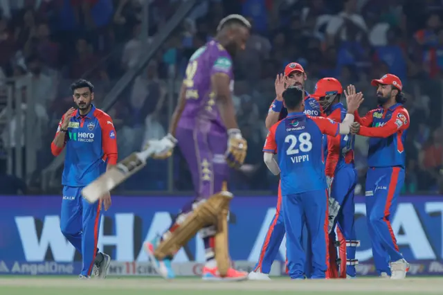 Delhi celebrate Andre Russell wicket