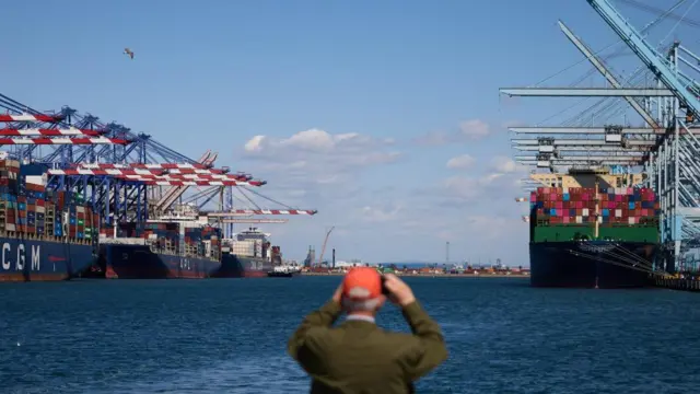 A person takes a photo of cargo container ships being unloaded at the Port of Los Angeles in Los Angeles, California