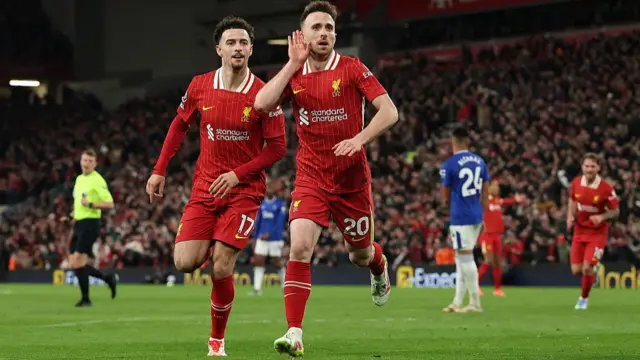 Diogo Jota celebrates scoring for Liverpool against Everton