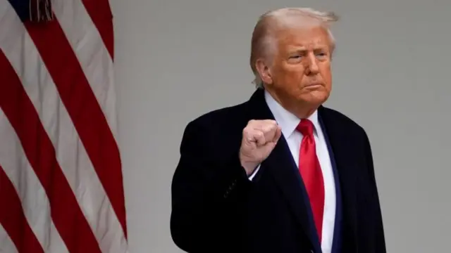 US President Donald Trump gestures during a tariff announcement in the Rose Garden of the White House in Washington, DC, USA, 02 April 2025