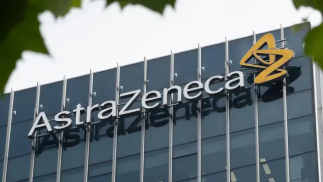 Close up shot of the AstraZeneca sign with logo on top of the company's building in Shanghai, China
