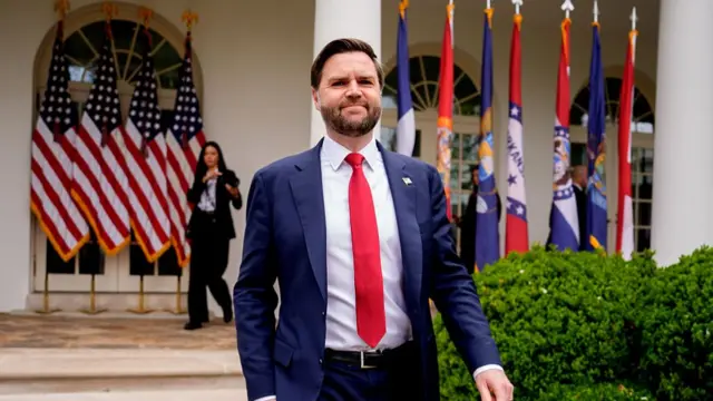 Vice President J.D. Vance arrives for a "Make America Wealthy Again" trade announcement event