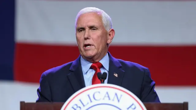Former U.S. Vice President and Republican presidential candidate Mike Pence speaks at the Republican Party of Iowa's Lincoln Day Dinner in Des Moines, Iowa, U.S., July 28, 2023.