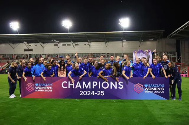 Players of Chelsea celebrate victory and winning the Barclays WSL title following the Barclays Women's Super League match between Manchester United FC and Chelsea FC at Leigh Sports Village on April 30, 2025 in Leigh, England