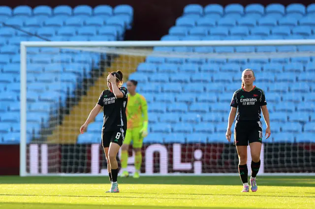 Mariona Caldentey of Arsenal reacts after Chasity Grant of Aston Villa (not pictured) scores her team's third goal during the Barclays Women's Super League match between Aston Villa FC and Arsenal FC at Villa Park on April 30, 2025 in Birmingham, England.