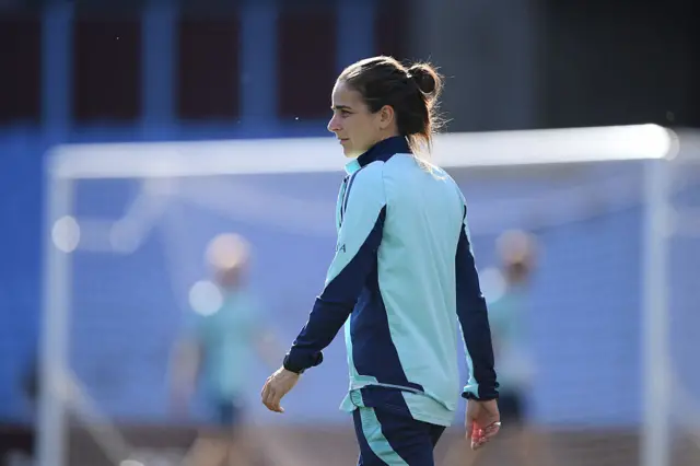 Renee Slegers, Manager of Arsenal, looks on as her side warms up prior to the Barclays Women's Super League match between Aston Villa FC and Arsenal FC at Villa Park on April 30, 2025 in Birmingham, England.