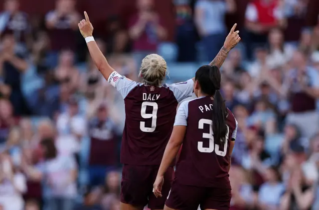 Rachel Daly of Aston Villa celebrates scoring her team's fourth goal during the Barclays Women's Super League match between Aston Villa FC and Arsenal FC at Villa Park on April 30, 2025 in Birmingham, England.