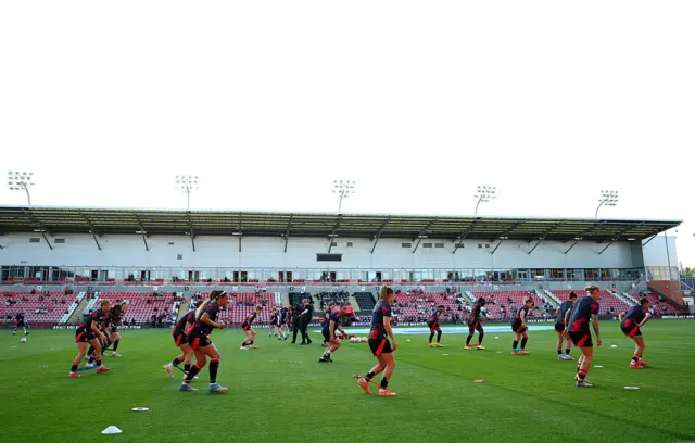 General view inside the stadium as Manchester United warm up prior to the Barclays Women's Super League match between Manchester United FC and Chelsea FC at Leigh Sports Village on April 30, 2025 in Leigh, England.